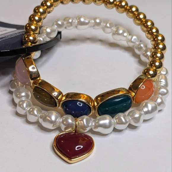 Nordstrom Melrose & Market Multi-Stone & Pearl‎ Stretch Bracelet Set NWT - Picture 2 of 6